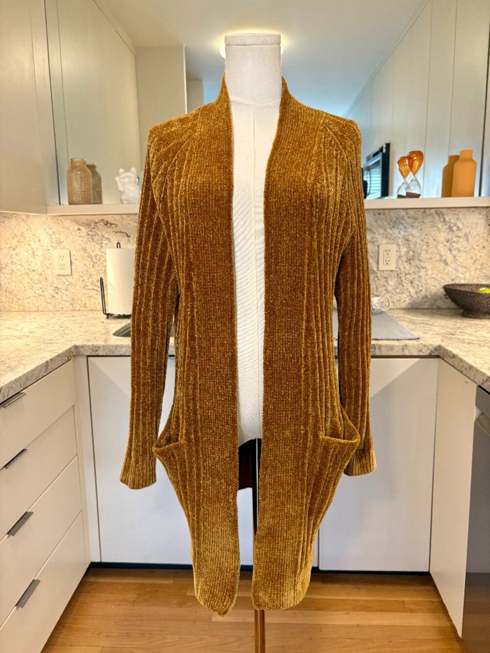 Zara Mustard Gold Ribbed Chenille Open Front Cardigan Sweater Size S